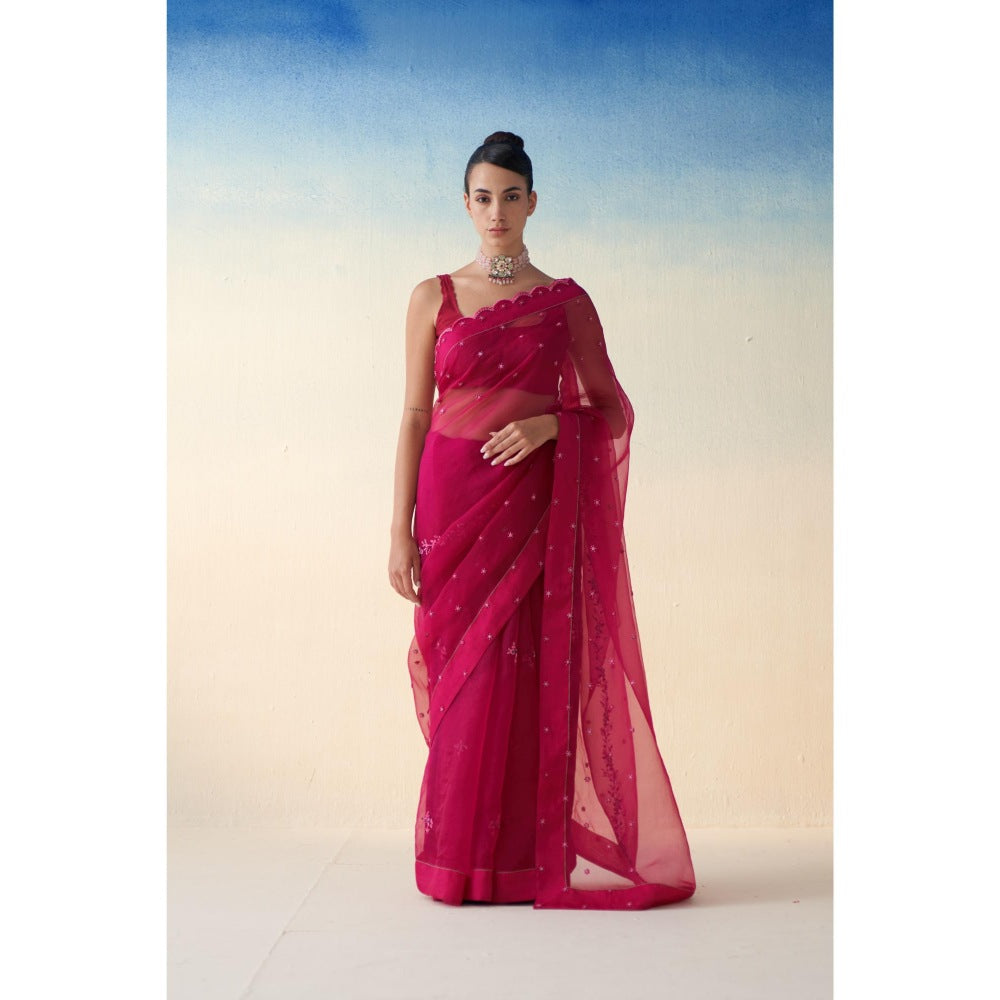 Janki India Pink Organza Embroidered Saree and Petticoat Without Blouse