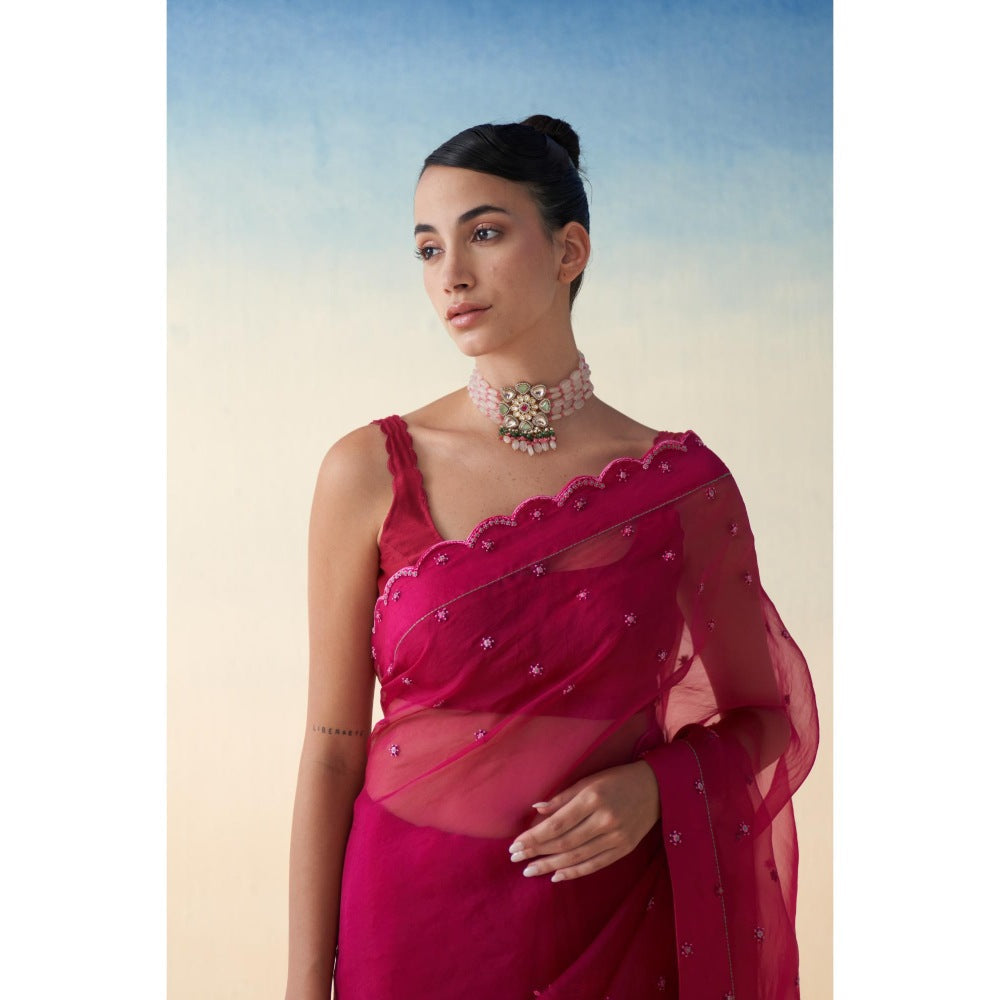 Janki India Pink Organza Embroidered Saree and Petticoat Without Blouse