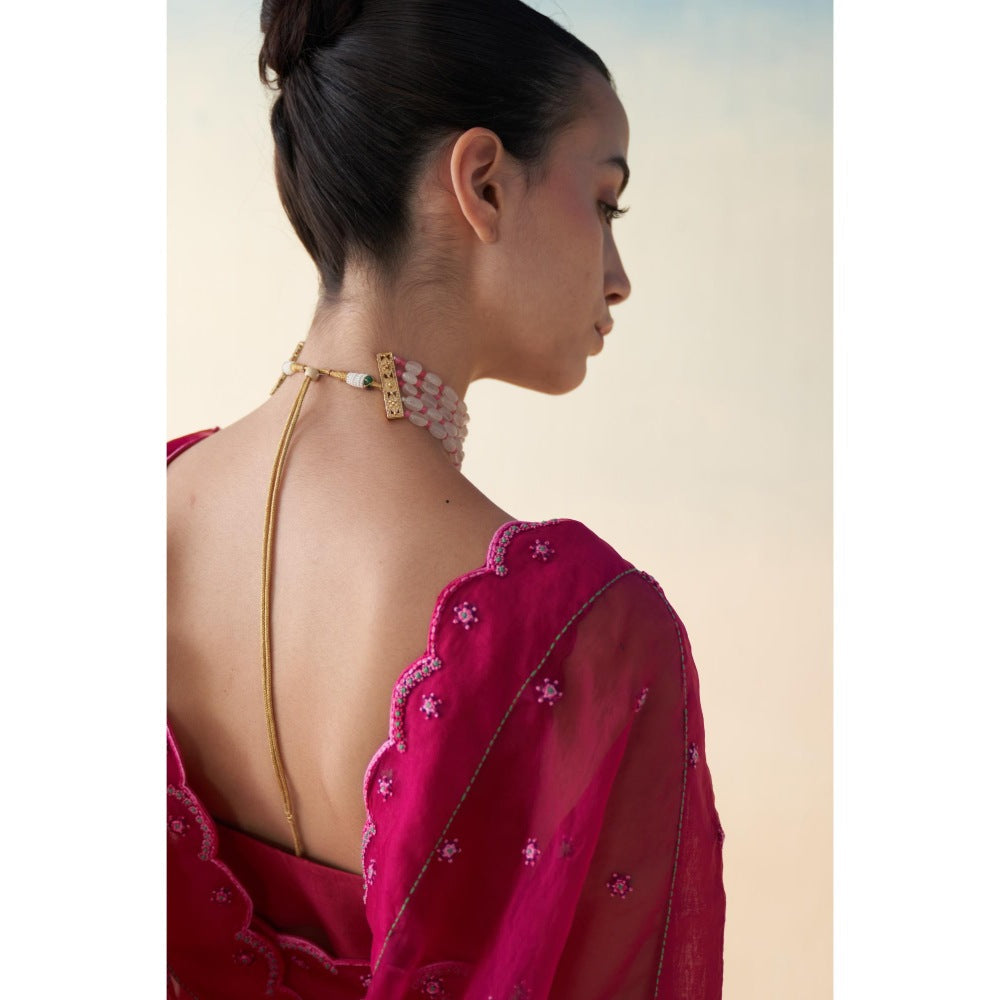 Janki India Pink Organza Embroidered Saree and Petticoat Without Blouse