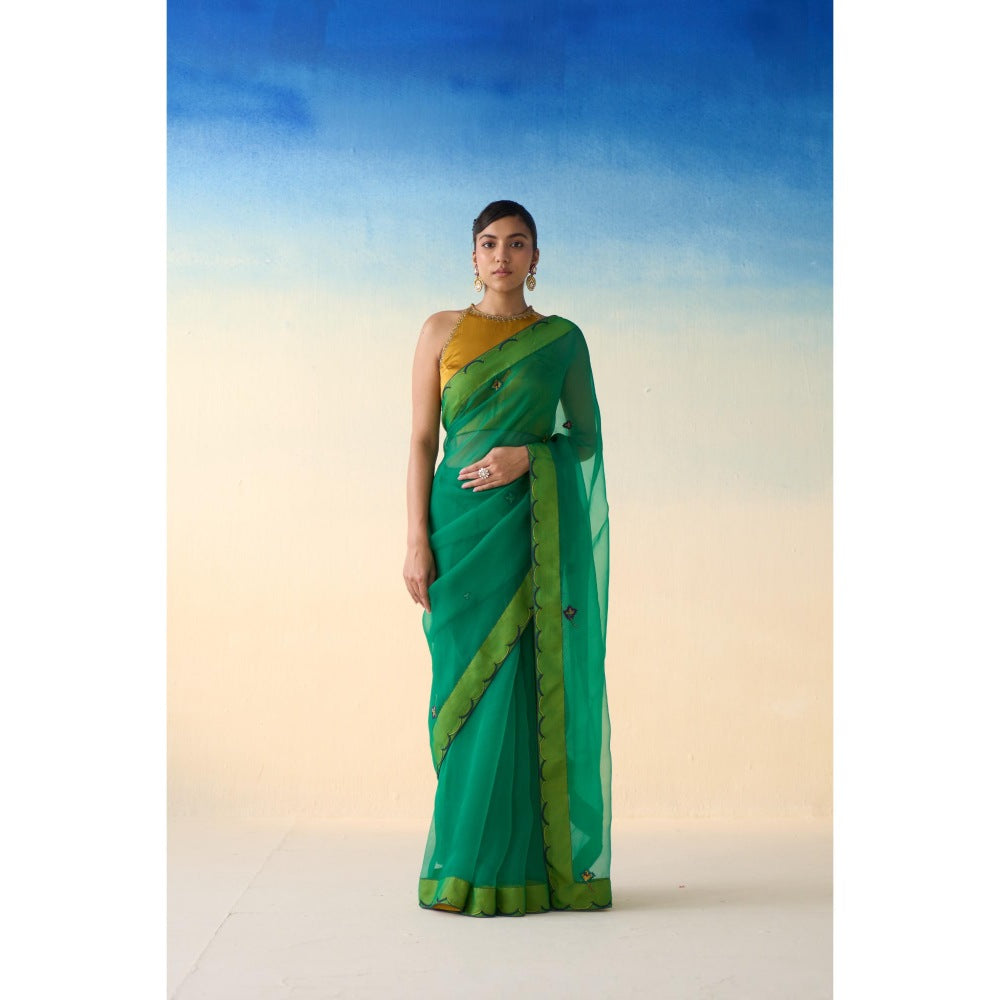 Janki India Lemon Green Organza Embroidered Saree and Petticoat Without Blouse