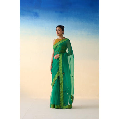 Janki India Lemon Green Organza Embroidered Saree and Petticoat Without Blouse