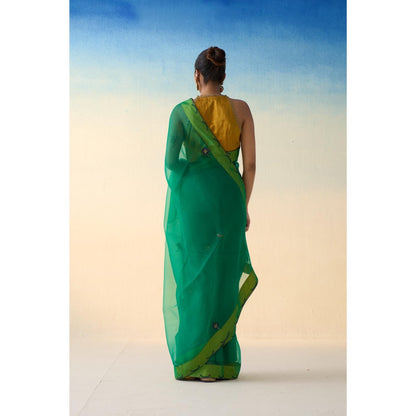 Janki India Lemon Green Organza Embroidered Saree and Petticoat Without Blouse