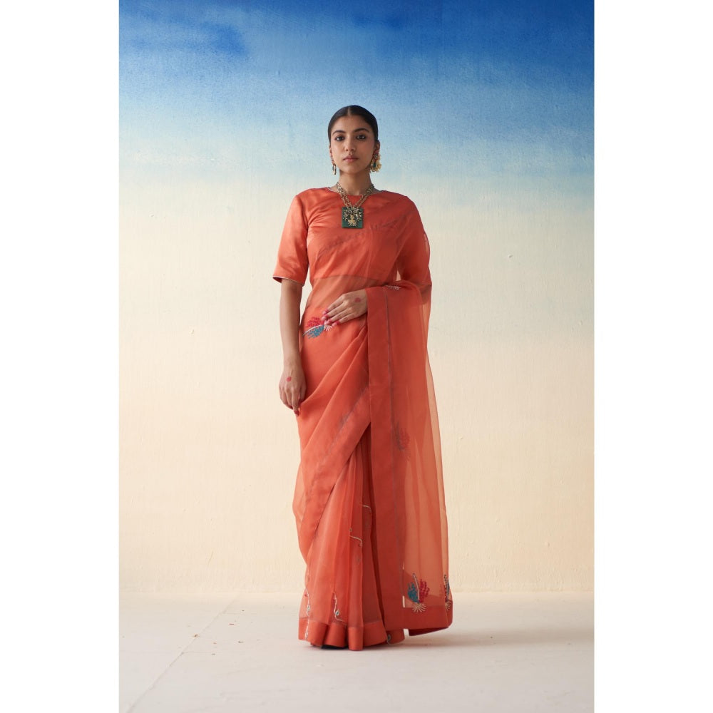 Janki India Rust Organza Motif Embroidered Saree and Petticoat Without Blouse