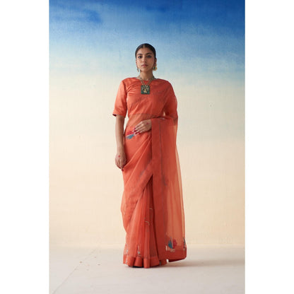 Janki India Rust Organza Motif Embroidered Saree and Petticoat Without Blouse