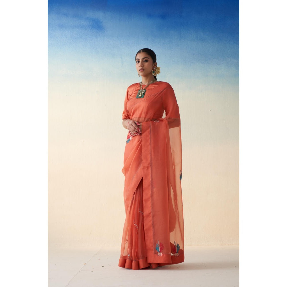 Janki India Rust Organza Motif Embroidered Saree and Petticoat Without Blouse