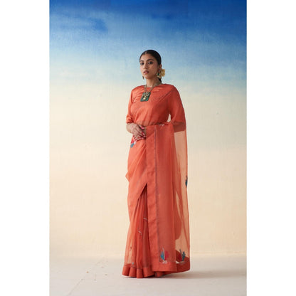 Janki India Rust Organza Motif Embroidered Saree and Petticoat Without Blouse