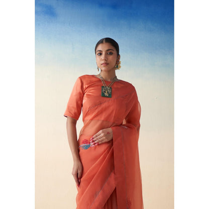 Janki India Rust Organza Motif Embroidered Saree and Petticoat Without Blouse