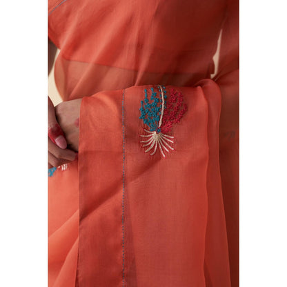 Janki India Rust Organza Motif Embroidered Saree and Petticoat Without Blouse
