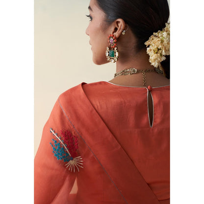 Janki India Rust Organza Motif Embroidered Saree and Petticoat Without Blouse