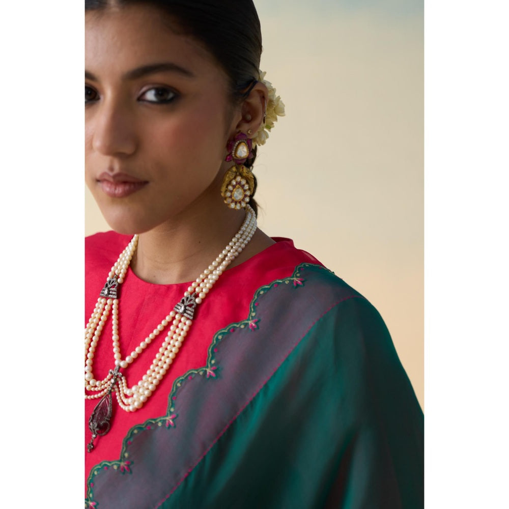 Janki India Green Organza Motifs Embroidered Saree and Petticoat Without Blouse