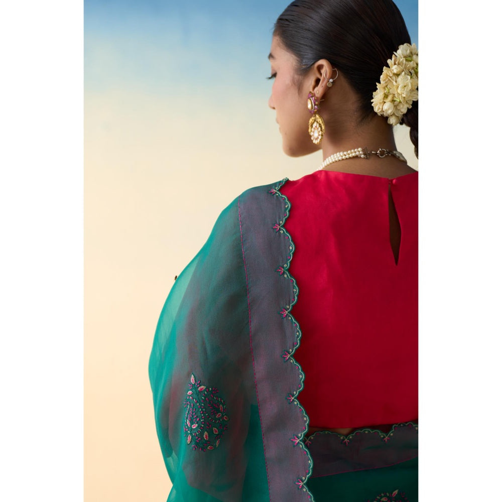 Janki India Green Organza Motifs Embroidered Saree and Petticoat Without Blouse