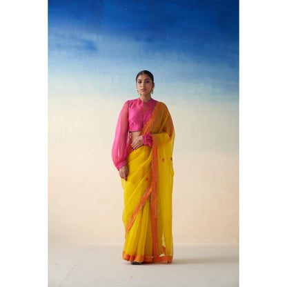 Janki India Yellow Organza Embroidered Saree and Petticoat Without Blouse