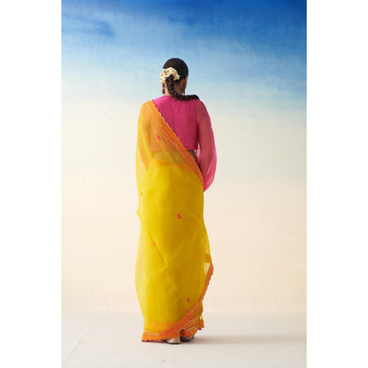 Janki India Yellow Organza Embroidered Saree and Petticoat Without Blouse