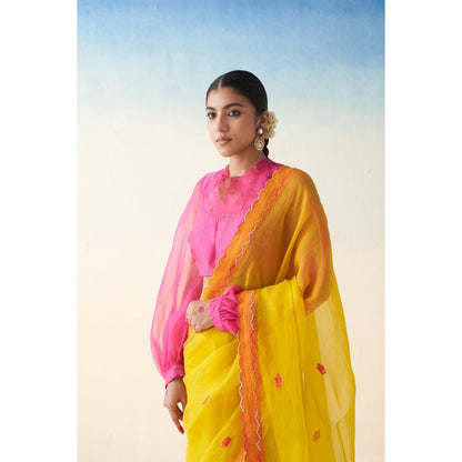 Janki India Yellow Organza Embroidered Saree and Petticoat Without Blouse