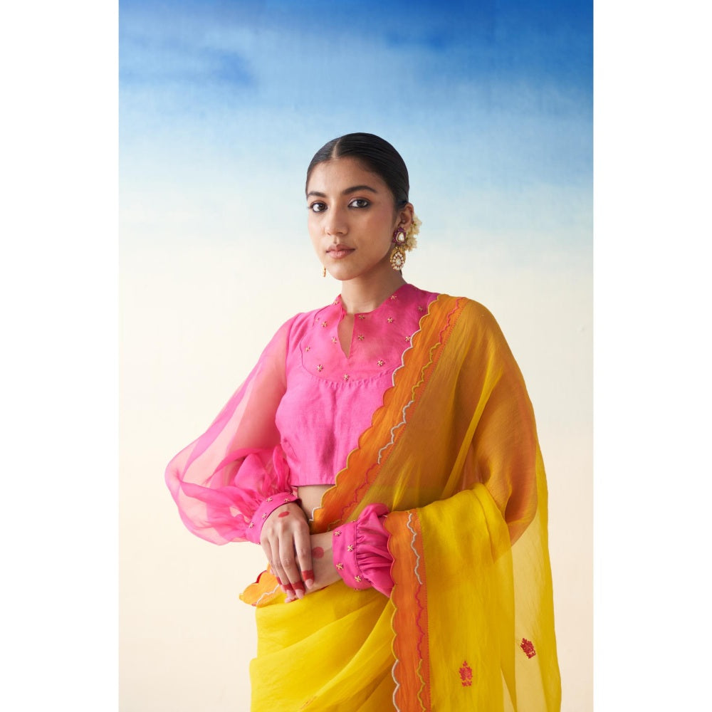 Janki India Yellow Organza Embroidered Saree and Petticoat Without Blouse