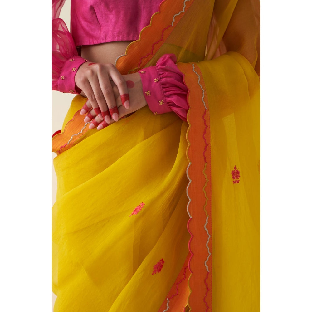 Janki India Yellow Organza Embroidered Saree and Petticoat Without Blouse