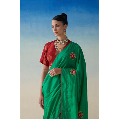 Janki India Green Silk Motifs Embroidered Saree and Petticoat Without Blouse