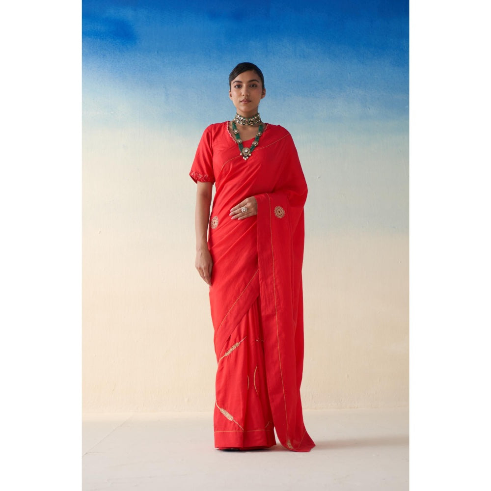 Janki India Red Silk Embroidered Motifs Saree and Petticoat Without Blouse