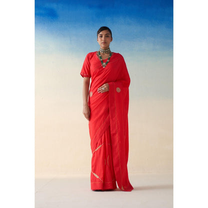 Janki India Red Silk Embroidered Motifs Saree and Petticoat Without Blouse