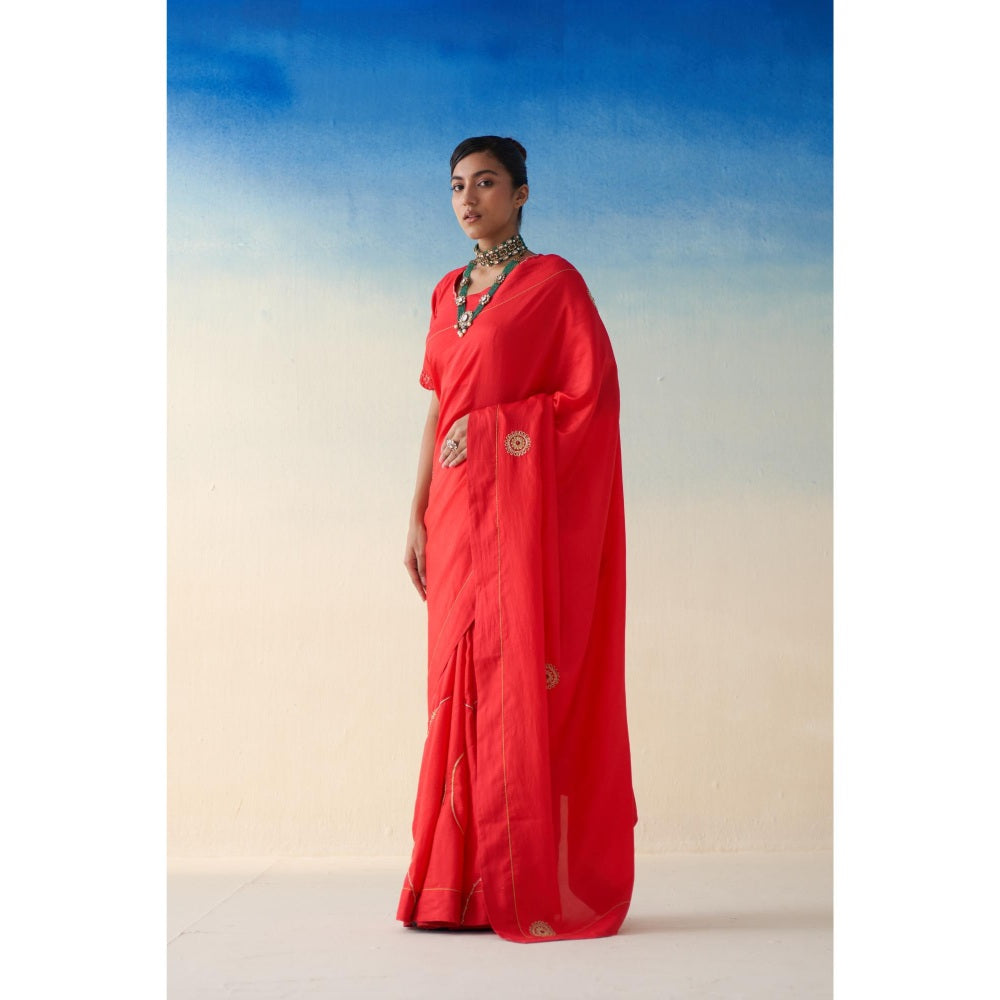 Janki India Red Silk Embroidered Motifs Saree and Petticoat Without Blouse