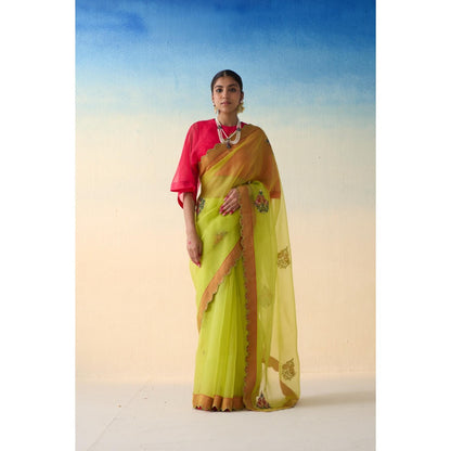 Janki India Lime Green Organza Floral Motifs Saree and Petticoat Without Blouse