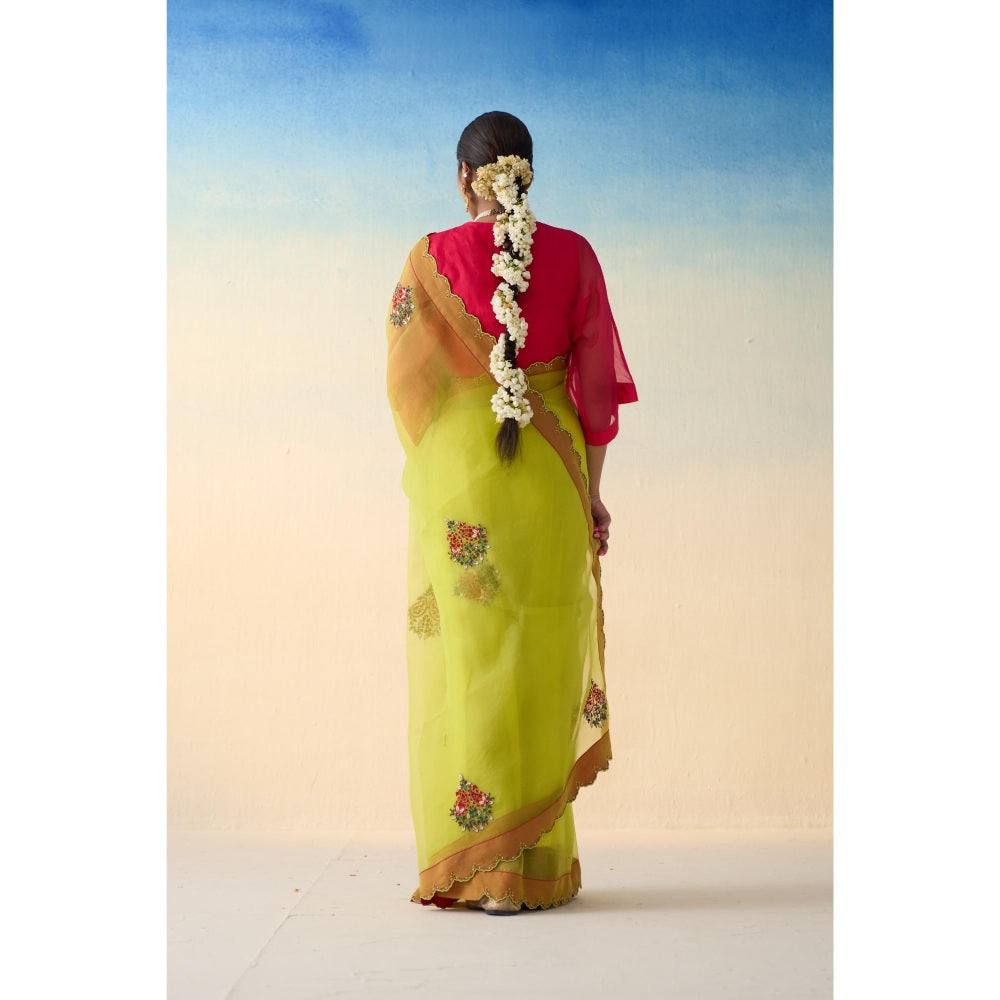 Janki India Lime Green Organza Floral Motifs Saree and Petticoat Without Blouse