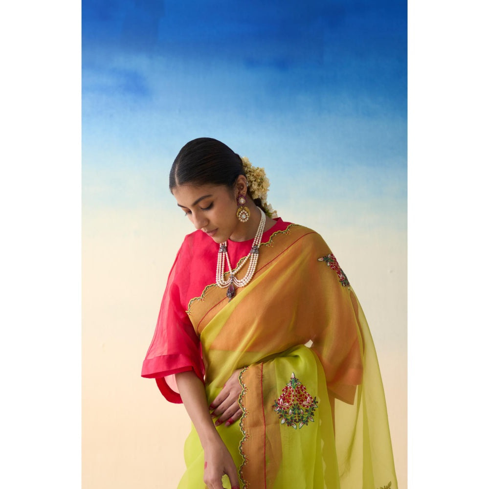 Janki India Lime Green Organza Floral Motifs Saree and Petticoat Without Blouse