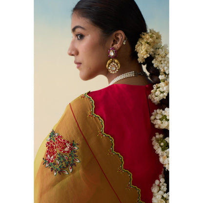 Janki India Lime Green Organza Floral Motifs Saree and Petticoat Without Blouse