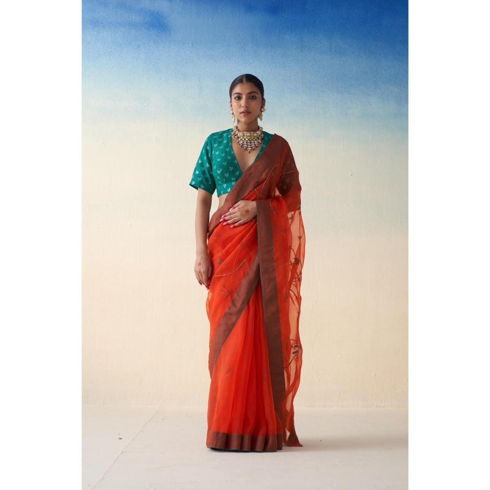 Janki India Rust Jaal Organza Embroidered Saree and Petticoat Without Blouse
