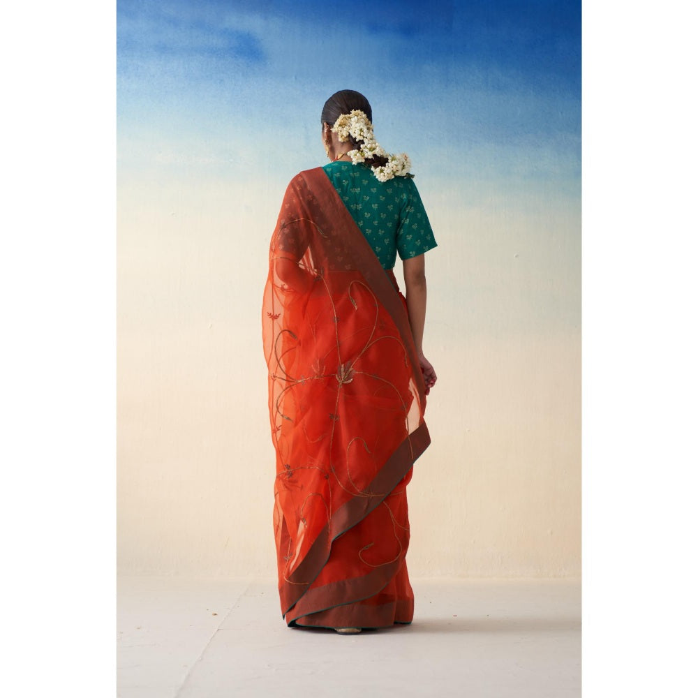 Janki India Rust Jaal Organza Embroidered Saree and Petticoat Without Blouse