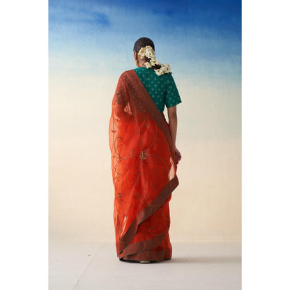 Janki India Rust Jaal Organza Embroidered Saree and Petticoat Without Blouse