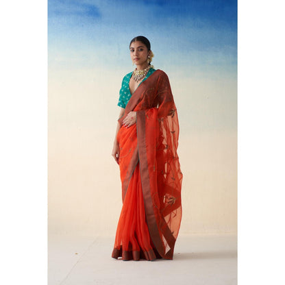 Janki India Rust Jaal Organza Embroidered Saree and Petticoat Without Blouse