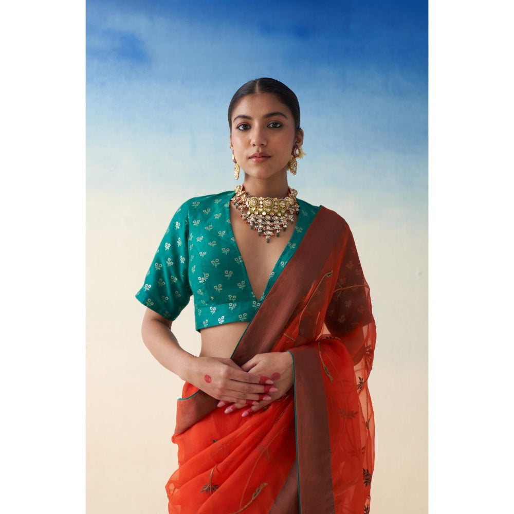 Janki India Rust Jaal Organza Embroidered Saree and Petticoat Without Blouse