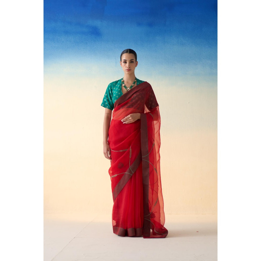Janki India Red Jaal Embroidered Organza Saree and Petticoat Without Blouse