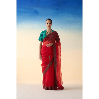 Janki India Red Jaal Embroidered Organza Saree and Petticoat Without Blouse