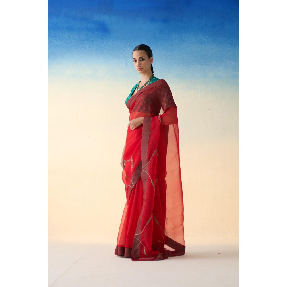 Janki India Red Jaal Embroidered Organza Saree and Petticoat Without Blouse