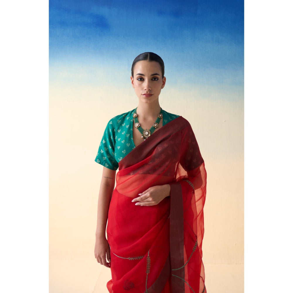 Janki India Red Jaal Embroidered Organza Saree and Petticoat Without Blouse