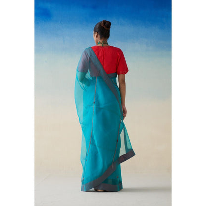 Janki India Blue Organza Embroidered Saree and Petticoat Without Blouse