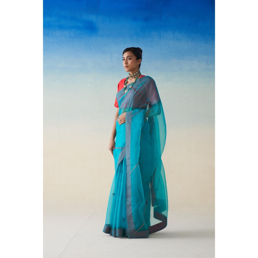 Janki India Blue Organza Embroidered Saree and Petticoat Without Blouse