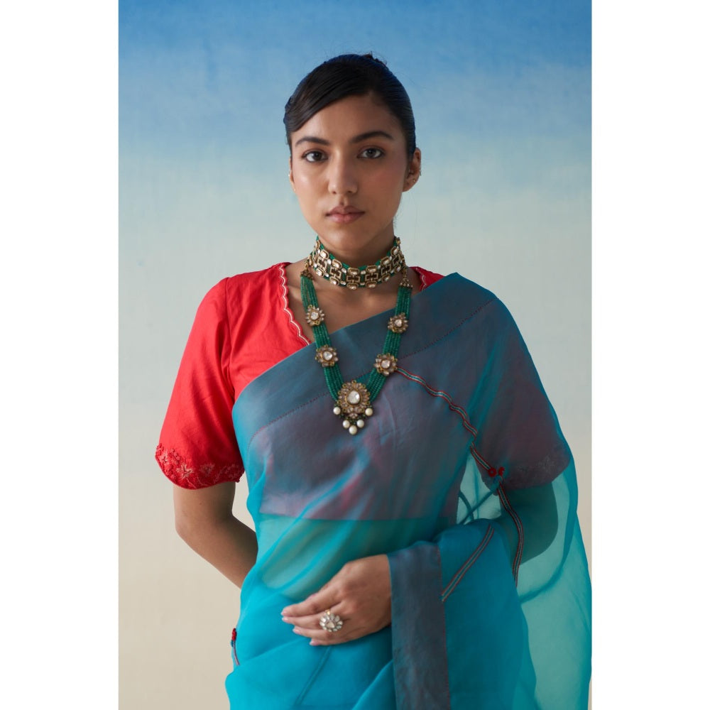 Janki India Blue Organza Embroidered Saree and Petticoat Without Blouse