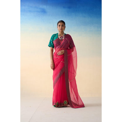 Janki India Fuchsia Pink Organza Embroidered Saree and Petticoat Without Blouse
