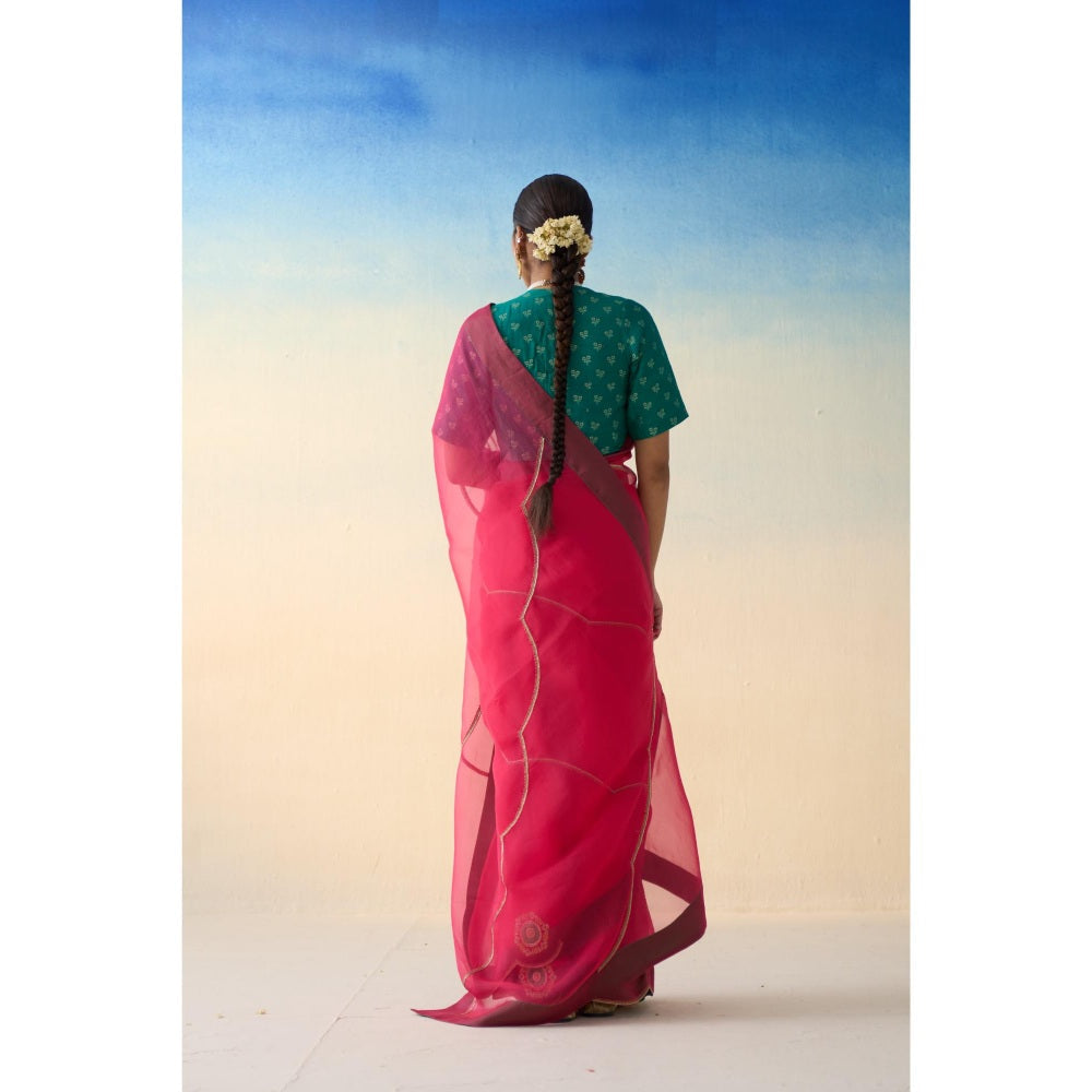 Janki India Fuchsia Pink Organza Embroidered Saree and Petticoat Without Blouse