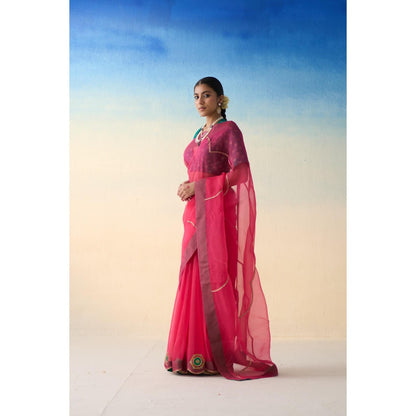 Janki India Fuchsia Pink Organza Embroidered Saree and Petticoat Without Blouse