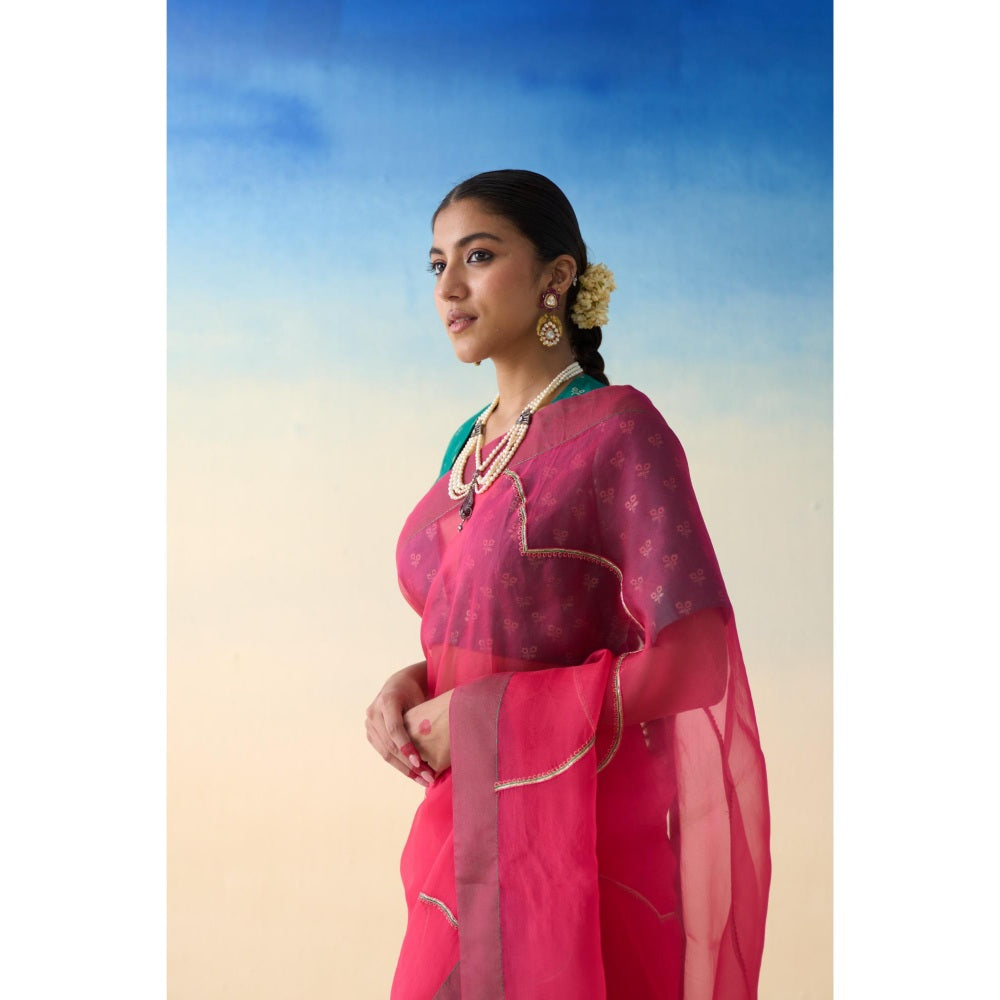 Janki India Fuchsia Pink Organza Embroidered Saree and Petticoat Without Blouse