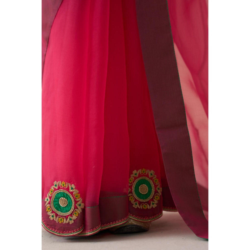 Janki India Fuchsia Pink Organza Embroidered Saree and Petticoat Without Blouse