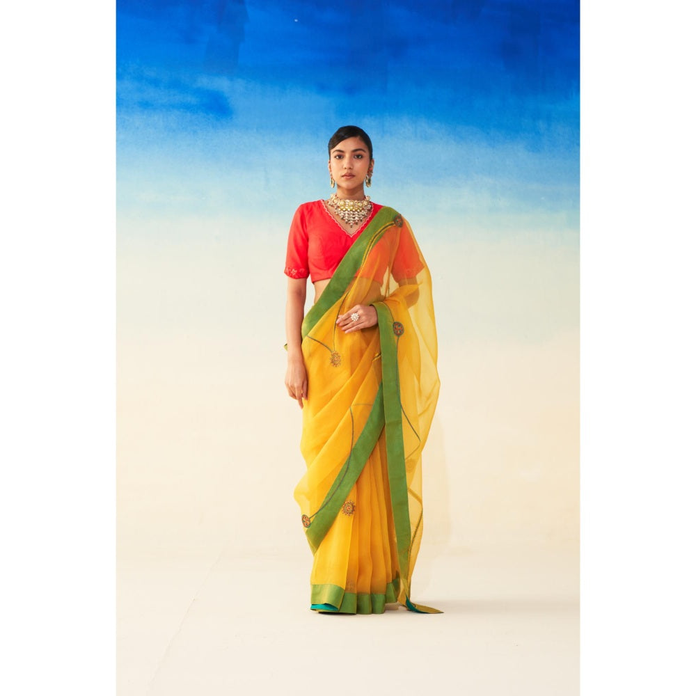 Janki India Yellow Organza Jaal Embroidered Saree and Petticoat Without Blouse