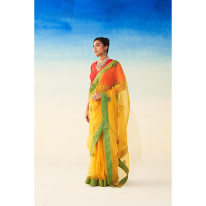 Janki India Yellow Organza Jaal Embroidered Saree and Petticoat Without Blouse