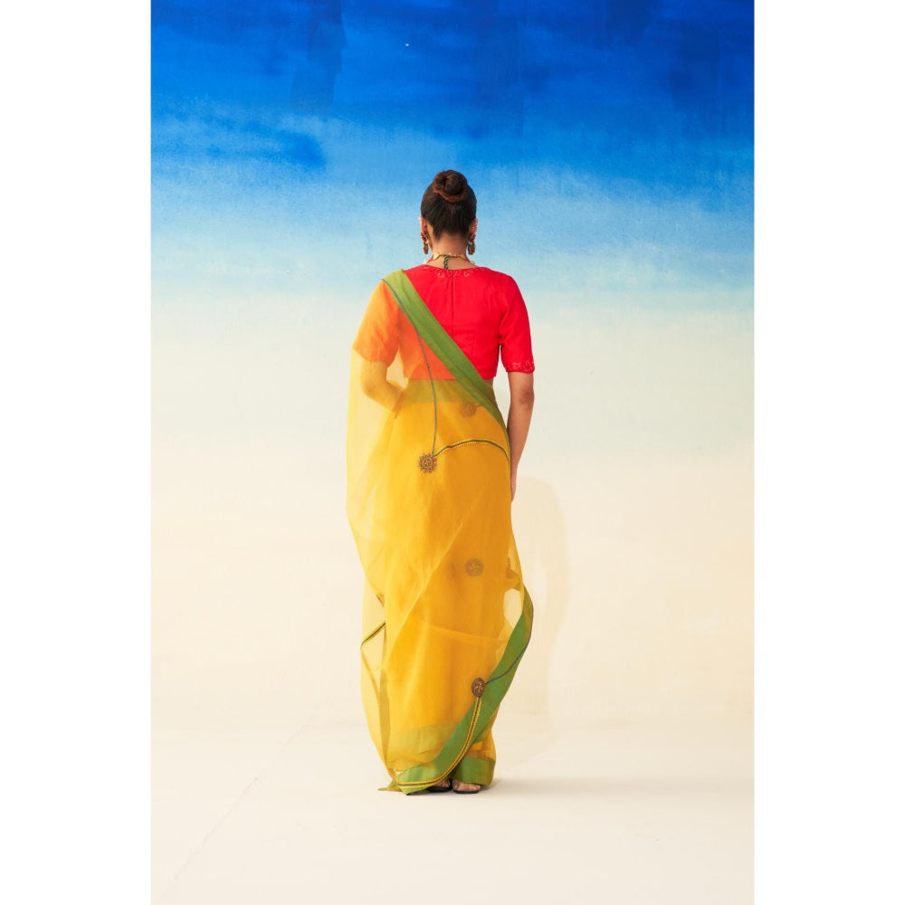 Janki India Yellow Organza Jaal Embroidered Saree and Petticoat Without Blouse