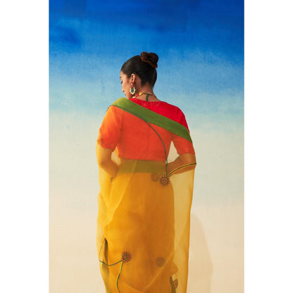 Janki India Yellow Organza Jaal Embroidered Saree and Petticoat Without Blouse