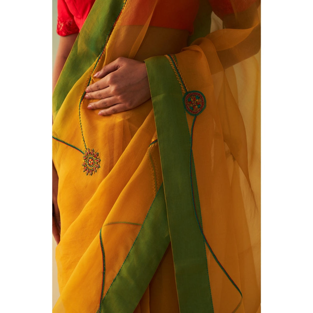 Janki India Yellow Organza Jaal Embroidered Saree and Petticoat Without Blouse